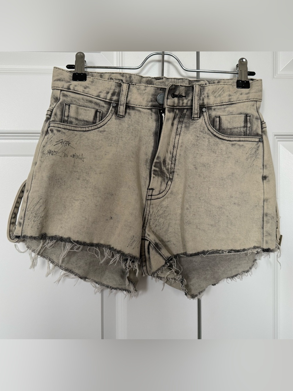 Washed Beige Distressed Denim Shorts